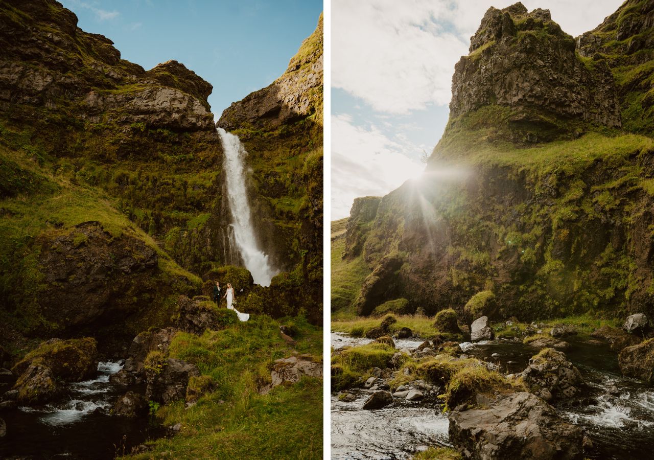 Two photos side by side. On the left is a couple in the distance with a towering waterfall behind them surrounded by lush greenery and a creek to their left. On the right is a photo of a rocky towering hill with a stream going past and sun rays showing from the side of the hill.